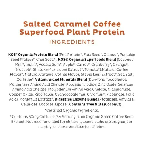 KOS Organic Vegan Protein Powder with 50mg Caffeine, Salted Caramel Coffee KOS Au supplements
