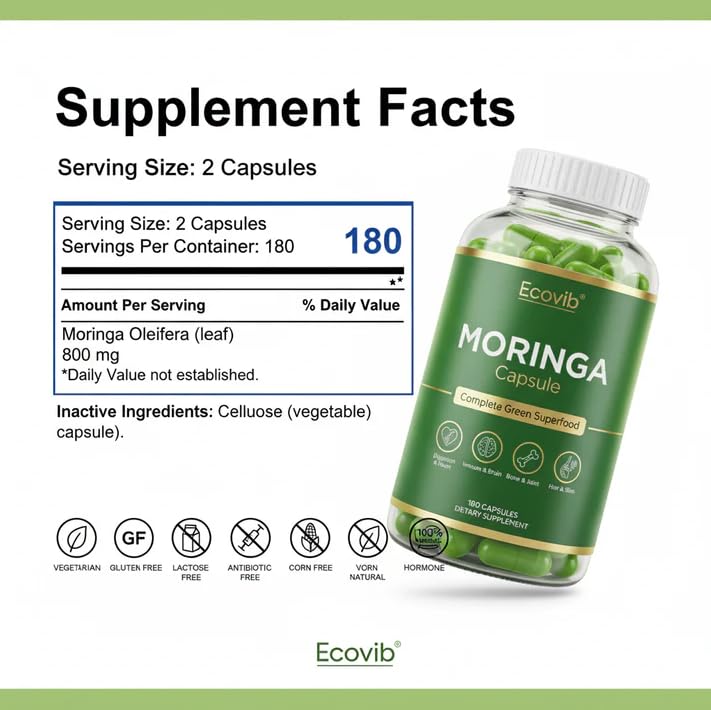 ECOVIB Moringa Capsules – 180 Vegan Capsules | Organic Superfood for Energy, Immunity & Detox ECOVIB Au supplements