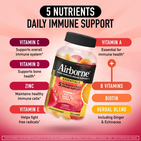Airborne 400mg Vitamin C Gummies for Adults & Children, Immune Essentials Daily Immune Support Supplement with Vitamins C & E - Orchard Fruit Flavor, 132 Gummies (Pack of 2) Airborne Au supplements