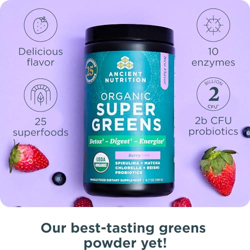 Ancient Nutrition SuperGreens Powder with Probiotics, Organic Berry Flavor Greens, Made from Real Fruits, Vegetables and Herbs, Digestive and Energy Support, 25 Servings, 6.7oz Ancient Nutrition Au supplements