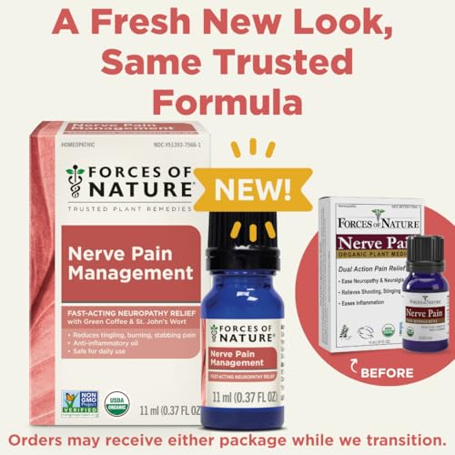 Forces of Nature Nerve Pain Management, Organic Topical Relief for Neuropathy & Nerve Discomfort, Homeopathic Medicine Supports Relief from Shooting Pains for Back, Hands, Legs and Feet, .37 fl oz Forces of Nature Au supplements