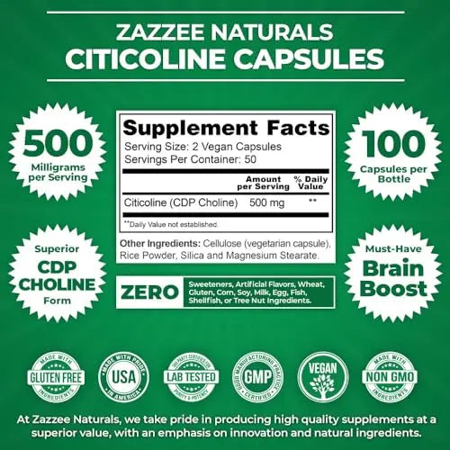 Zazzee Extra Strength Citicoline CDP Choline, 500 mg per Serving, 100 Vegan Capsules Zazzee Au supplements