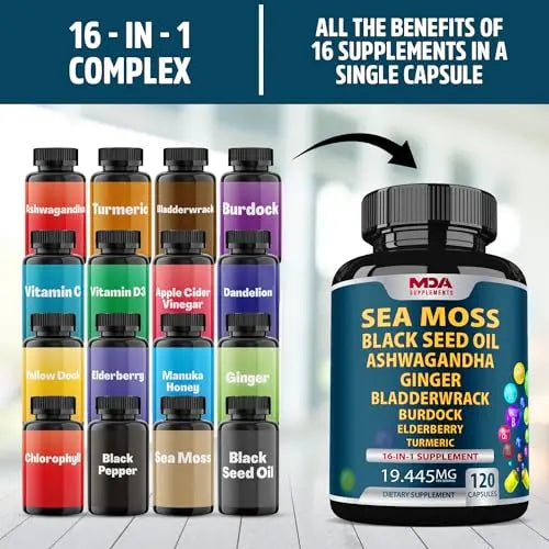 Sea Moss Black Seed Oil Ashwagandha Ginger - Multimineral Sea Moss Capsules MDA Supplements Au supplements