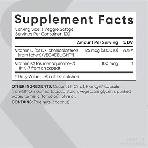 Sports Research Vitamin D3 + K2 with 5000iu of Plant-Based D3 & 100mcg of Vitamin Sports Research Au supplements