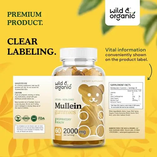Wild & Organic Mullein Gummies - Daily Dietary Supplement for Respiratory, Digestive Wild & Organic Au supplements