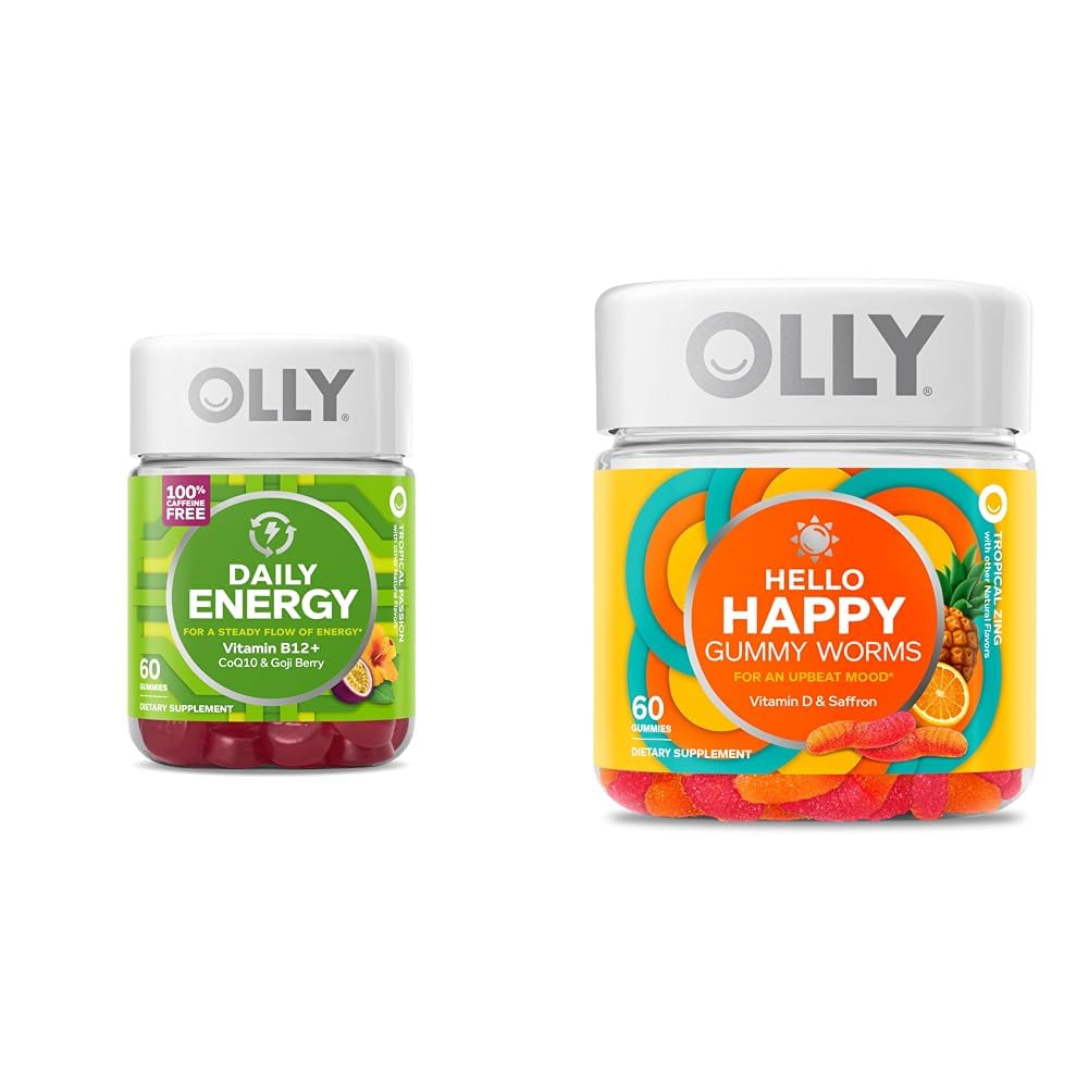 OLLY Daily Energy Gummy, Caffeine Free, Vitamin B12, CoQ10, Goji Berry, Adult Chewable Supplement & Hello Happy Gummy Worms, Mood Balance Support, Vitamin D, Saffron, Adult Chewable Supplement OLLY Au supplements