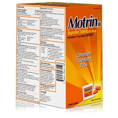 Motrin IB, Ibuprofen 200mg Tablets, NSAID Pain & Fever Reliever for Headache, Backache, Muscular Aches, Arthritis Pain Reliever, 50 Travel Packets of 2, 100 ct Motrin Au supplements