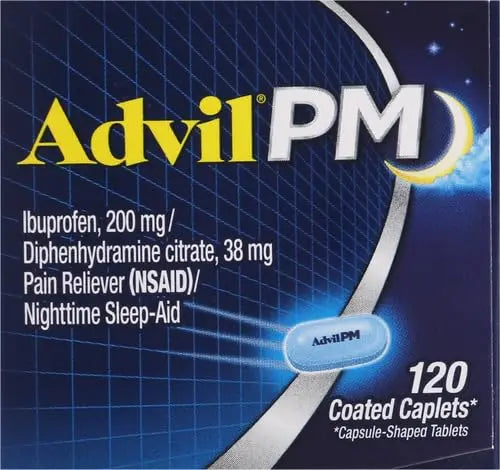 Advil PM Pain Reliever and Nighttime Sleep Aid, Pain Medicine with Ibuprofen for Pain Relief and Diphenhydramine Citrate for A Sleep Aid - 120 Coated Caplets (Pack of 2) Advil Au supplements