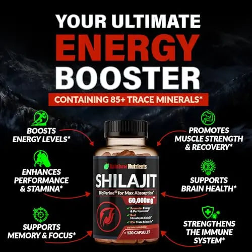 Pure Himalayan Shilajit Capsules Supplement (60,000mg+ Absorption Enhancer+50% Rainbow Nutrients, LLC Au supplements