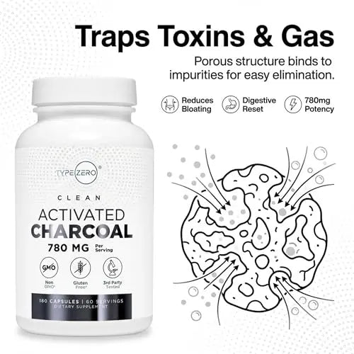 Type Zero Activated Charcoal Capsules (180 Count) - 60 Servings, 780mg Per Serving, from Coconut Shell, Non-GMO, Gluten-Free Type Zero Au supplements