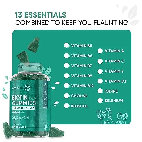 Biotin Gummies 5000mcg - with Vitamin A, B, C, D, E & Selenium – 120 Hair Nails and Skin maxmedix Au supplements