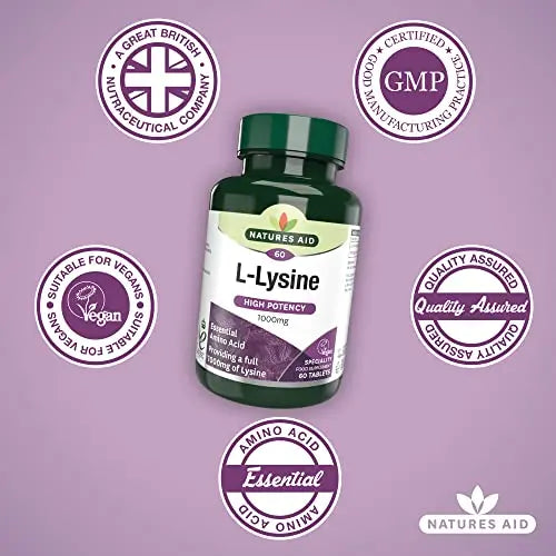 Natures Aid L-Lysine 1000 mg, High Potency Essential Amino Acid, Vegan, 60 Tablets natures aid Au supplements