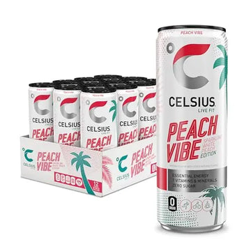 CELSIUS Sparkling Peach Vibe, Functional Essential Energy Drink 12 Fl Oz (Pack of 12) CELSIUS Au supplements