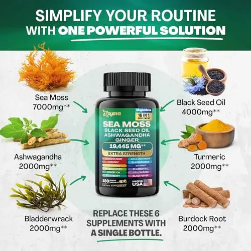 Sea Moss 7000mg Black Seed Oil 4000mg Ashwagandha 2000mg Turmeric 2000mg Zoyava Au supplements
