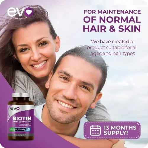 Biotin Hair Growth Supplement 12,000mcg with Coconut Oil | 400 High Strength Tablets EVO NUTRITION Au supplements