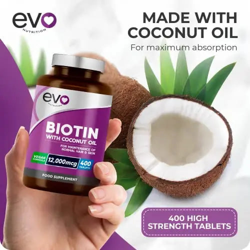 Biotin Hair Growth Supplement 12,000mcg with Coconut Oil | 400 High Strength Tablets EVO NUTRITION Au supplements