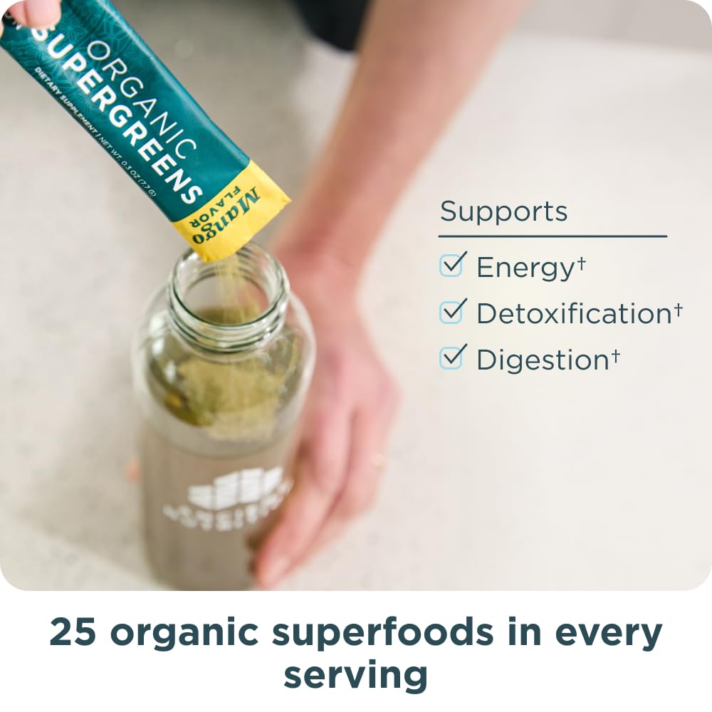 Ancient Nutrition SuperGreens Powder with Probiotics, Organic Mango Flavor Greens, Made from Real Fruits, Vegetables and Herbs, Digestive and Energy Support, 16 Stick Packs, 4.3oz Ancient Nutrition Au supplements
