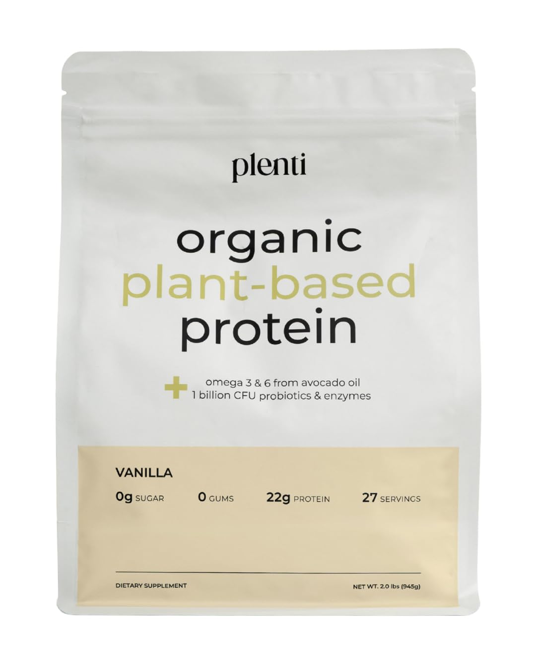 plenti Organic Plant-Based Protein Powder: Vanilla - 20g Pea Protein + Probiotics, Digestive Enzymes & Omega 3-6, Gut Friendly, Sugar Free, 27 Servings (2 lbs) plenti Au supplements