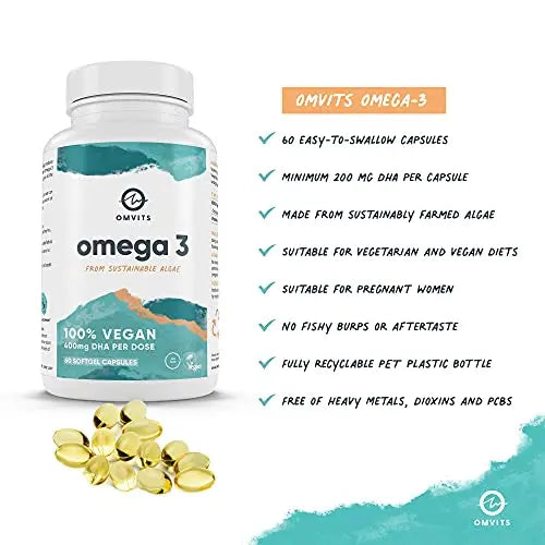 Omvits Vegan Omega 3 DHA from Algae Oil 1000mg - 60 Softgel Capsules with Vitamin E Omvits Au supplements