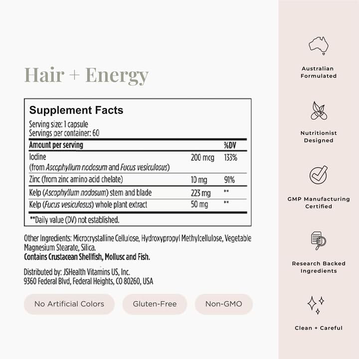 JSHealth Hair Growth Vitamins for Women. Hair + Energy with Kelp Iodine and Zinc. Supports Thickness, Strength, Energy. Nutritionist-Formulated (60 Capsules) JSHealth Au supplements