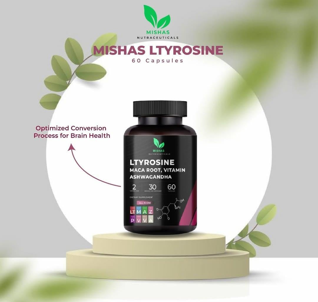 Mishas Nutraceuticals L-Tyrosine with Maca Root, Ashwagandha & Vitamins Complex – Energy, Mental Focus, Stress Relief & Immunity Support – 60 Capsules (30 Servings) Mishas Au supplements