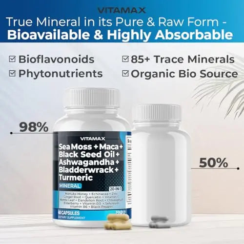 Sea Moss 3000mg Maca 1000mg Black Seed Oil 2000mg Ashwagandha 1000mg Bladderw Vitamax Au supplements