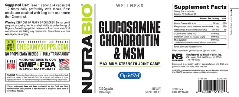 NutraBio Glucosamine Chondroitin & OptiMSM Supplement, Joint Support Formula - 120 Capsules (120 Count) NutraBio Au supplements