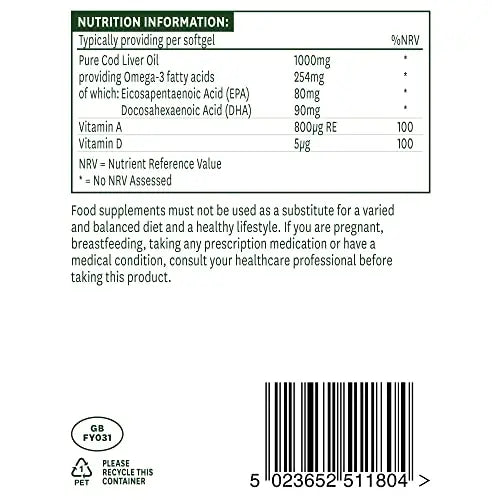 Natures Aid Cod Liver Oil, 1000 mg, 180 Softgel Capsules (High Strength, 254 mg Omega natures aid Au supplements