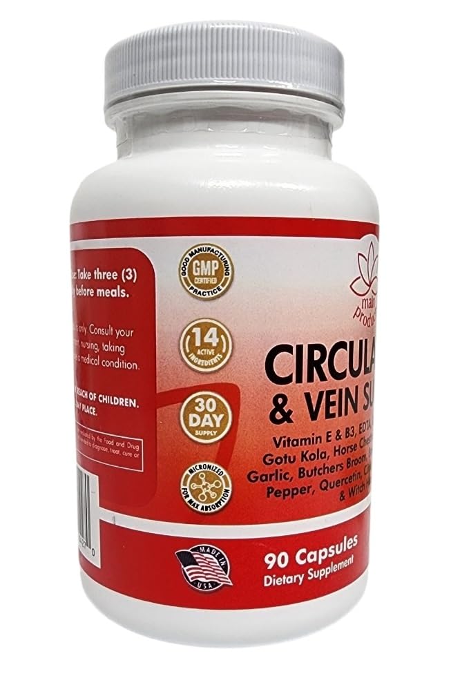 Circulation & Vein Support Supplement - Vitamins E & B3, Ginkgo Biloba, Horse Chestnut, Gotu Kola, Grape Seed, Butcher's Broom & Citrus Bioflavonoids - 1979 mg Formula - 90 Capsules - 30 Days Supply. Main Products Au supplements