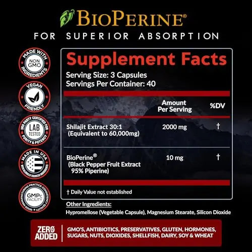 Pure Himalayan Shilajit Capsules Supplement (60,000mg+ Absorption Enhancer+50% Rainbow Nutrients, LLC Au supplements