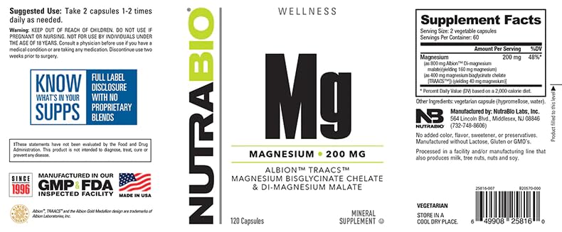 NutraBio Magnesium Supplement, Magnesium Glycinate for Sleep, Biglycinate, D-Magnesium Malate, Muscle & Nerve Support, for Men and Women, 120 Vegetable Capsules NutraBio Au supplements