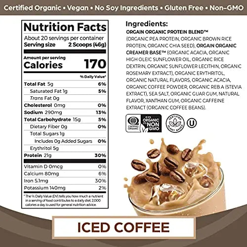 Orgain Organic Vegan Protein Powder, Iced Coffee - 21g Plant Based Protein, Gluten Free Orgain Au supplements