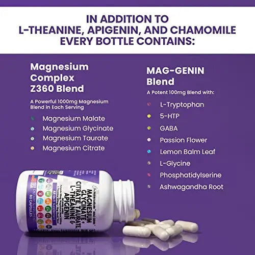 Magnesium Glycinate Complex 1000mg with L-Theanine 200mg Apigenin 50mg Citrate Taurate Supplement - 5-HTP GABA Passion Flower Lemon Balm L-Glycine Phosphatidylserine Ashwagandha - USA Made Clean Nutra Clean Nutraceuticals Au supplements