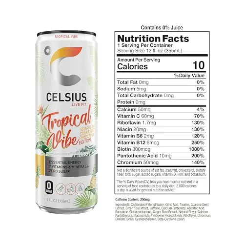 CELSIUS Sparkling Tropical Vibe, Functional Essential Energy Drink 12 Fl Oz (Pack of 12) CELSIUS Au supplements