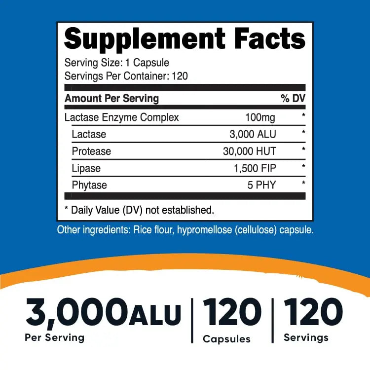 Nutricost Lactase Enzyme Complex 3,000 FCC ALU, 120 Vegetarian Capsules - Non-GMO Nutricost Au supplements