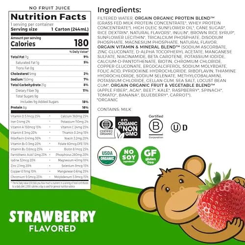 Orgain Organic Kids Nutritional Protein Shake, Strawberry - Kids Snacks with 8g Dairy Orgain Au supplements