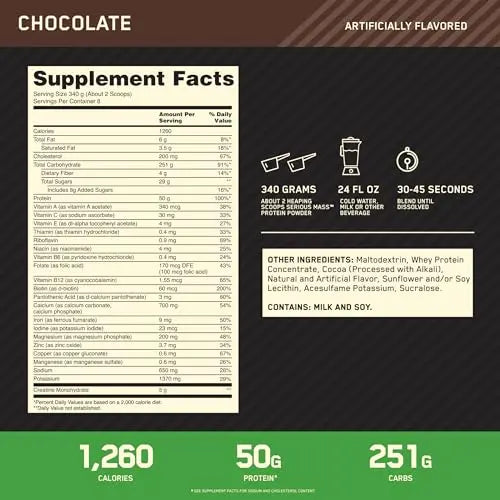Optimum Nutrition Serious Mass, Weight Gainer Protein Powder, Chocolate, 6 Pound Optimum Nutrition Au supplements