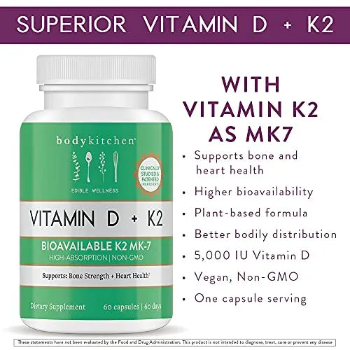 Body Kitchen Vegan Plant-Based Vitamin D3 + K2 (MK7) Supplement, Bone and Heart Body Kitchen Au supplements