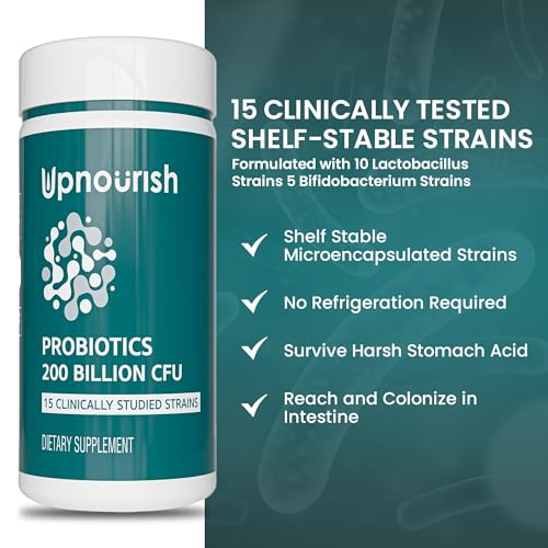 UpNourish Probiotics - 200 Billion CFUs, 15 Strains, Prebiotics & Enzymes - 60 Vegan Cap UpNourish Au supplements