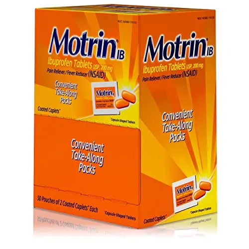 Motrin IB, Ibuprofen 200mg Tablets, NSAID Pain & Fever Reliever for Headache, Backache, Muscular Aches, Arthritis Pain Reliever, 50 Travel Packets of 2, 100 ct Motrin Au supplements