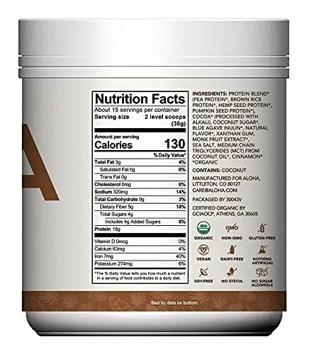 ALOHA Organic Plant Based Protein Powder, Stevia Free, Chocolate, 19.6 oz, 15 Servings ALOHA Au supplements