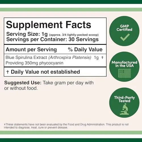 Blue Spirulina Powder - Maximum 35% Phycocyanin Content, Superfood Powder from Blue Double Wood Supplements Au supplements