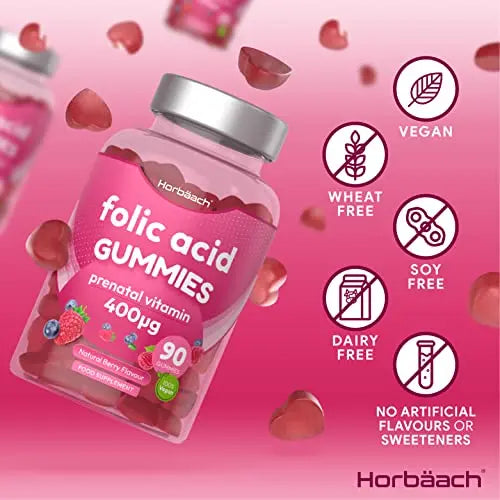 Folic Acid Gummies 400 mcg | 90 Count | Natural Berry Flavour | High Strength Prenatal Horbäach Au supplements