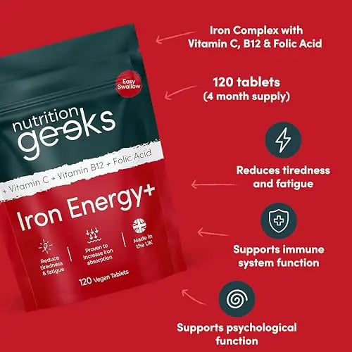Iron Tablets High Strength Tablets with Vitamin C, B12 & Folic Acid - 120 Vegan Supplement Nutrition Geeks Au supplements