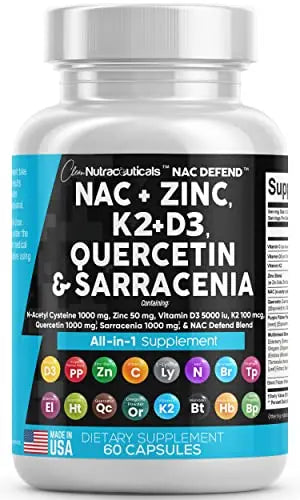 NAC Supplement N-Acetyl Cysteine 1000mg Vitamin D3 K2 Zinc Quercetin Clean Nutraceuticals Au supplements