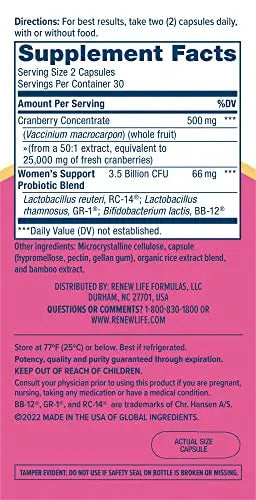 Renew Life Women's Wellness Vaginal and Urinary Probiotic and Cranberry Supplement Renew Life Au supplements