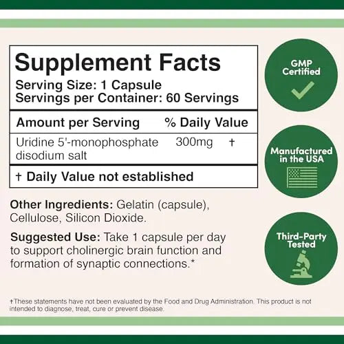 Uridine Monophosphate - Third Party Tested (Choline Enhancer, Beginner Nootropic) Double Wood Supplements Au supplements