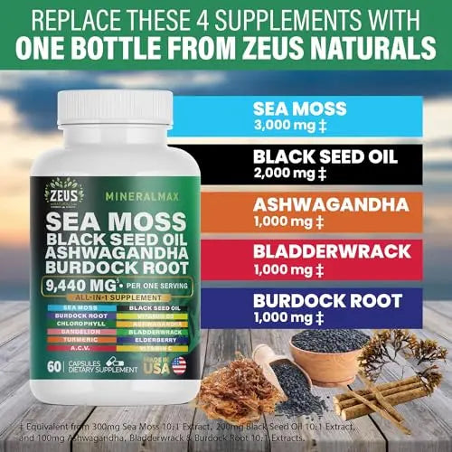 Sea Moss Capsules with Black Seed Oil, Burdock Root, Bladderwrack, Turmeric, Ashwagan Zeus Naturals Au supplements