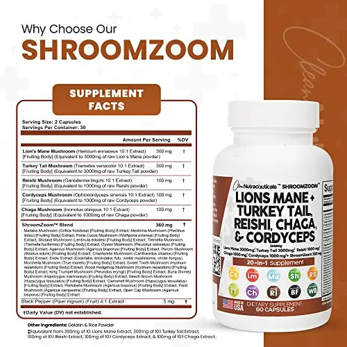 Lions Mane 3000mg 20in1 Mushroom Supplement with Turkey Tail 2000mg Clean Nutraceuticals Au supplements
