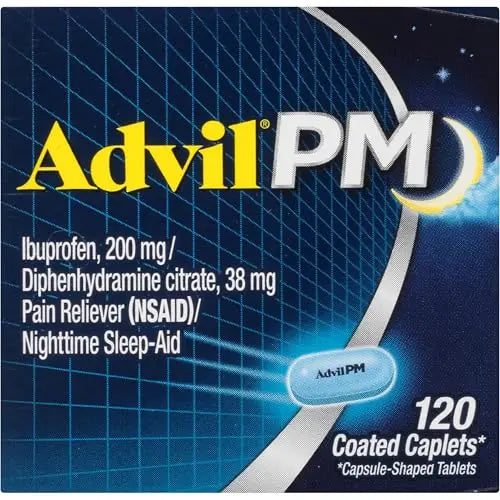 Advil PM Pain Reliever and Nighttime Sleep Aid, Ibuprofen for Pain Relief and Diphenhydramine Citrate for a Sleep Aid - 120 Coated Caplets and Pain Reliever and Fever Reducer, 10 Count Tablets Advil Au supplements